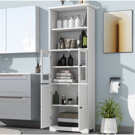 Badezimmer-Hochschrank MDF Weiß 57,5 cm mit 4 Türen, Glastür und offenen Fächern (1/5)
