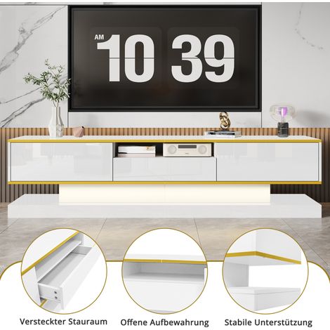 Mobile TV in pannello truciolare bianco lucido con dettagli oro, 180x38x45 cm, 3 cassetti e LED multicolore (1/5)