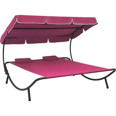 Chaise longue d'extérieur avec auvent et coussins roses (1/5)