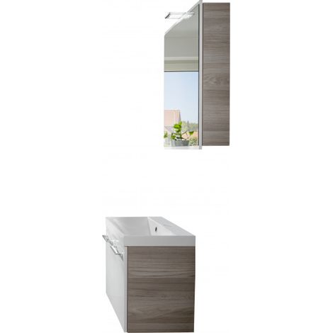 FACKELMANN LIMA Badmöbel Set 3 Teile / Gussmarmor Waschbecken / Waschbeckenunterschrank mit 2 Türen / LED Spiegelschrank / Badschrank mit Soft-Close / Korpus: Braun hell / Front: Weiß / Breite: 60 cm" (1/5)