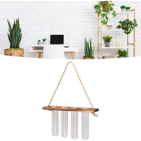 Station de propagation végétale avec rack bois et 4 tubes vitre - Test tubes vintage couleurs - 22cm stand - 10cm tubes x 4 - Inclusion hooks et brush (1/5)