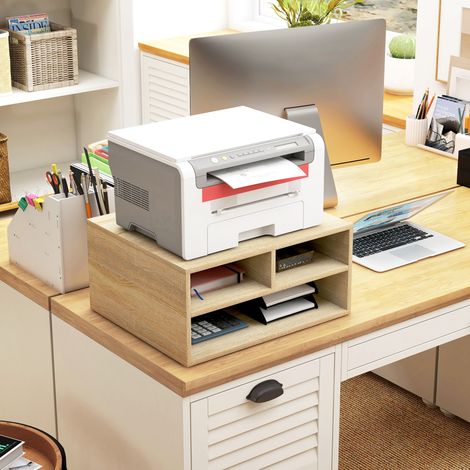 Organiseur bureau aspect bois avec 3 compartiments fournitures support d'imprimante dim. 47L x 40l x 22.5H cm