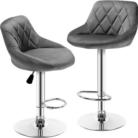 2 X Tabourets de bar siège bien rembourré en velours , Hauteur réglable pieds en métal,GRIS (1/5)
