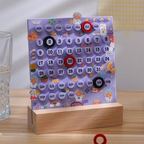 Calendrier Perpetuel - Anneaux Réglables Lune Date Jour - Base en Bois - 18 x 13,5 cm - Pour Bureau Maison École - 1 Pièce