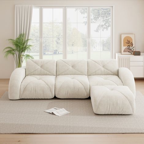 Canapé modulaire en L 3 places blanc sans cadre antidérapant. Avec repose-pieds design confortable adapté au salon. (1/5)