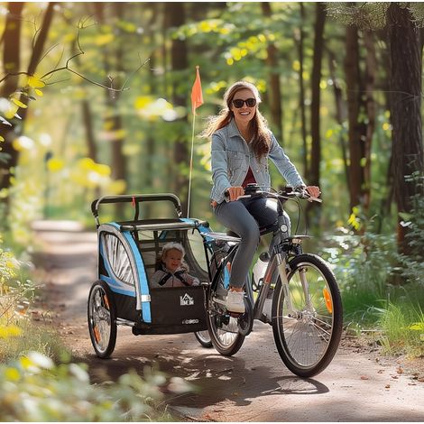Remorque vélo enfant 2-en-1 avec harnais 5 points, acier, bleue, REDOM (1/5)