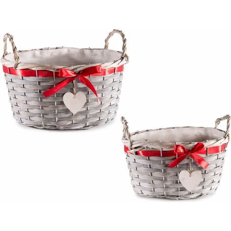 Cestini in legno con rivestimento interno, manici, decorazione pendente a forma di cuore e fiocco rosso, set da 2 pezzi, Grande: cm 30 x 23 x 16 H