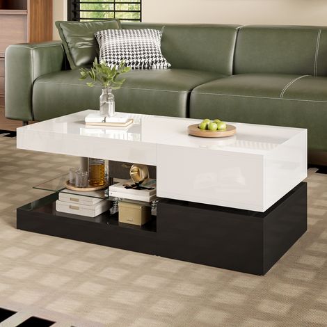 DESMIU Table Basse LED avec 1 niche de rangement et surface brillante pour Salon, 90 × 45 × 35,5 cm (1/5)