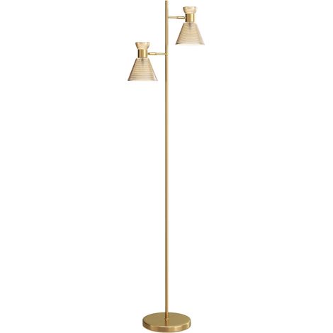 Floor Lamp with Adjustable Dual Head, Modern Standing Lamp with Floral Glass Shades and Foot Switch for Living Room Bedroom, E27 Socket, Bulb Not Included, Gold Tone