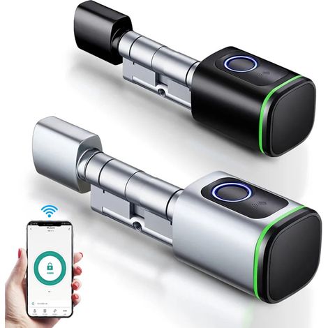 Cylindre de porte électronique avec empreinte digitale, 2 clés, carte IC, contrôle de l'application Smart Life/Tuya, Bluetooth, serrure cylindrique 60-90 mm (noir)