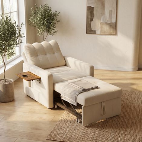 Fauteuil convertible 108x85x86 cm, chauffeuse lit gain de place, dossier réglable 5 positions avec table d'Appoint pliante, tissu chenille et métal, moderne, Beige