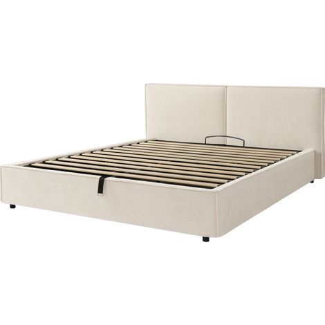 Cama con almacenamiento 160 x 200 cm en chenilla beige con somier y cabecero acolchado (1/5)