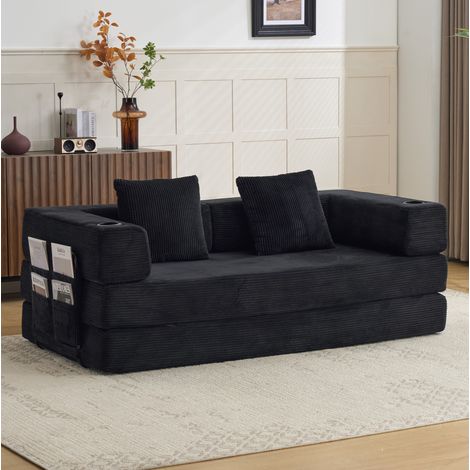 Boden-Schlafsofa 185 x 92,5 x 60 cm aus schwarzem Cord, OKMYHOME (1/5)