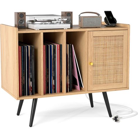 COSTWAY Rattan Record Player Stand with Charging Station Natural (1/5)
