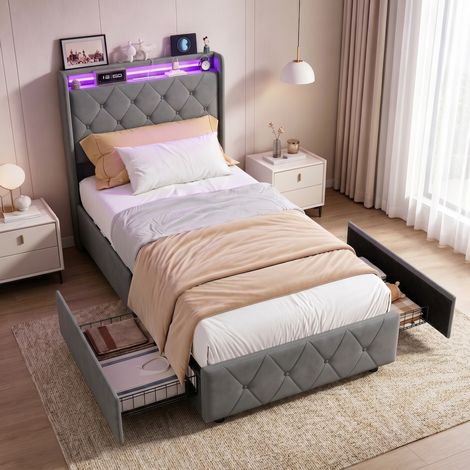 Cama individual 90x200 cm – Cama para adulto – 2 cajones – Iluminación LED RGB – Puerto USB/Tipo C – Base de láminas – Terciopelo gris (1/5)