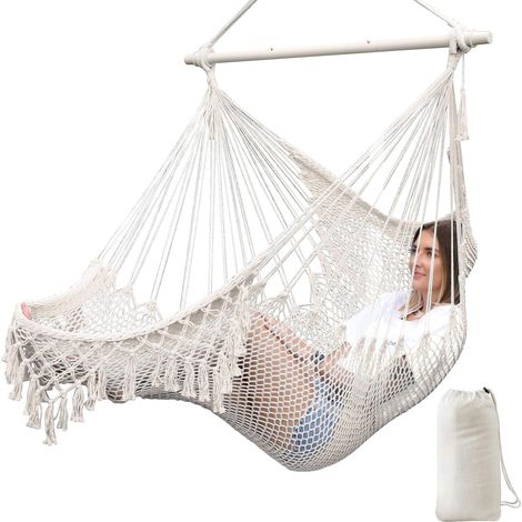 Sillas colgantes, sillas hamaca, sillas colgantes extragrandes de algodón tejido suave, barras separadoras de metal resistentes y plegables, silla columpio de encaje ancha y extensible. (1/5)