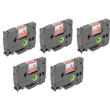 Lot de 5 rubans pour étiqueteuses 9 mm, laminés, imperméables, inaltérables et multi-usages, compatibles avec les étiqueteuses PT D210, PT D200, PT H110 et PT D400, rouge sur blanc (Bze 222). (1/5)