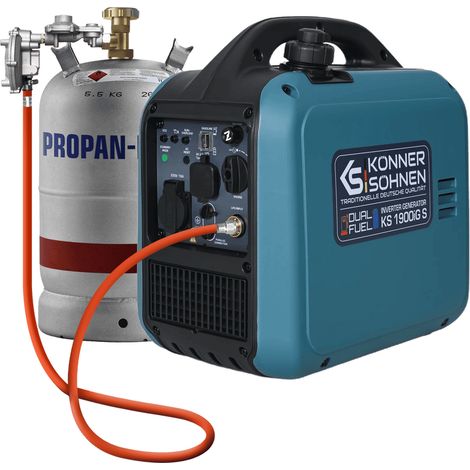 Könner & Söhnen KS 1900iG S Generador Inverter, 2,0 kW Dual Combustible (Gasolina/Gas), Silencioso, Portátil, Modo Eco, Ideal para Camping, Bricolaje, USB, Manguera de Gas Incluida (1/5)