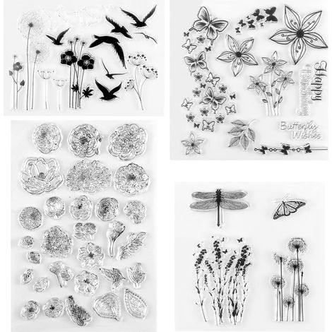 Tampons Scrapbooking Transparent Tampon Clear Oiseaux Fleur Tampon Silicone Transparents Stamp Tampons Scrapbooking Animaux pour Bullet Journal Album Agenda Décoration (4 Pièces) (1/5)