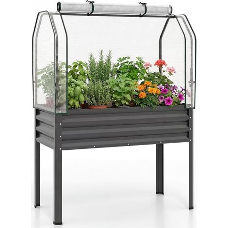 Jardinière Surélevée, Carré Potager avec Bâche de Protection, Mini Serre Extérieure avec Porte Zippée Enroulable, pour Légumes Plantes Fleurs (Gris) (1/5)