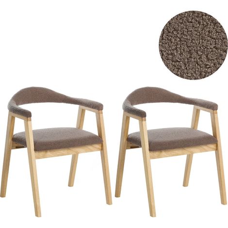 Lot de 2 Chaises de Salle à Manger Rétro en Bouclé Sièges Rembourrés avec Accoudoirs Bois d'Hévéa Marron Clair et Taupe Oneco (1/5)