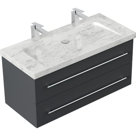 Badmöbel Marmor Carrara White Damo 100 cm 2 Hahnlöcher SoftClose grafit (1/5)