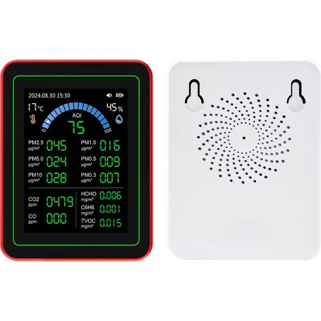 Misuratore di qualità dell'aria 18 in 1: CO2, TVOC, HCHO, PM2.5, PM10, tester per la rilevazione di temperatura e umidità, alimentazione a batteria per uso interno e memorizzazione dei dati. (1/5)
