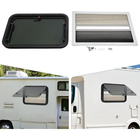 Außen-Schiebefenster für Wohnmobile 700 x 450 mm mit Fliegengitter und Sonnenschutzrollo. Rechteckiges Wohnmobilfenster mit Außenöffnung, Sandwichkonstruktion, Einbau. (1/5)