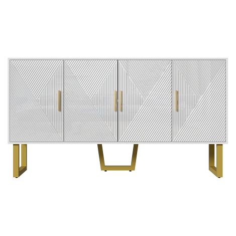 Buffet 150 cm blanc laqué, 4 portes, poignées dorées, étagères