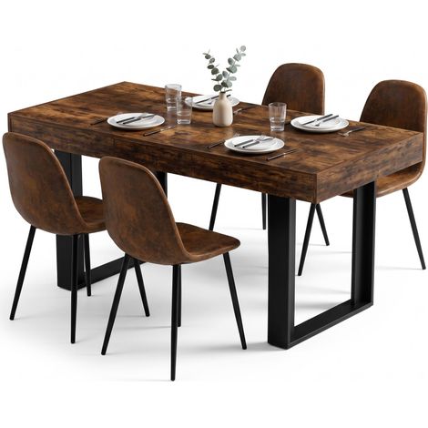 FurnitureR 5-teiliges Essset mit Ausziehtisch und 4 Wildlederoptik-Stühlen, Ausziehtisch 120–160 cm mit 4 braunen Stühlen in Wildlederoptik – platzsparend im Alltag, großzügig für Gäste.