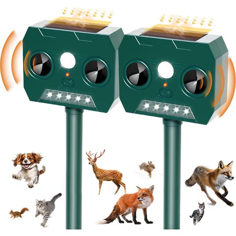 Repelente para gatos de exterior de 2 piezas, repelente ultrasónico solar para perros 2025, resistente al agua IP45, alcance de 12 m y 120°, repelente de animales de jardín con luz LED para martas, ga (1/5)