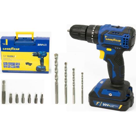 Perceuse visseuse à percussion 20V Brushless Batterie lithium 2,0Ah + 11 Accessoires Malette GOODYEAR (1/5)