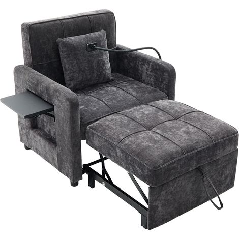 Sillón cama individual 2 en 1 de chenilla gris oscuro con cojín, bolsillo lateral y mesa auxiliar (1/5)