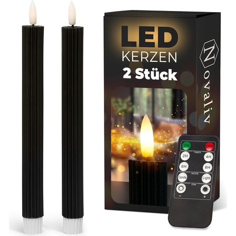 Bougies bâton LED avec minuterie NOIRES Lot de 2 pour intérieur avec fonction minuterie 6 heures VRAIE CIRE nervurée 23 cm de hauteur pour bougies 2,2