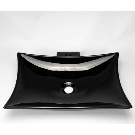 Rue Du Bain – Vasque suspendue rectangulaire en céramique noire 57x39 cm – Plage robinetterie arrière – Sans trop plein – Installation facile (1/5)