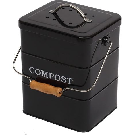 Composteur Cuisine 6L, Poubelle Compost Métal Noir avec Filtre Bac compost cuisine avec couvercle et charbon actif, format comptoir pour épluchures, marc de café et déchets organiques (1/5)
