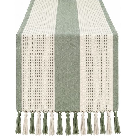 Chemin de table à pompons ajourés tissé à la main, couleur unie, Noël, polyester, vert et bleu, 33 x 160 cm, rayures vert clair (1/5)