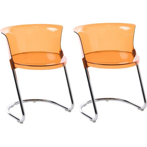 Set of 2 Dining Chairs Orange Synthetic Material Silver Metal Legs Curved Backrest Modern Style Dining Room OSHKOSH (1/5)