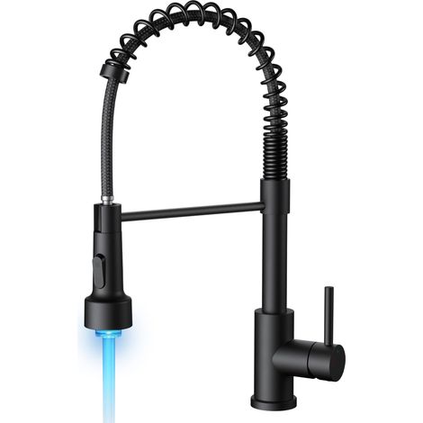 Robinet Cuisine Douchette LED avec Indicateur de Température, Mitigeur Cuisine d'evier en Acier Inoxydable avec 2 Modes de jet, Levier Unique, Bec Pivotant 360°, Haute Pression, Noir Mat (1/5)