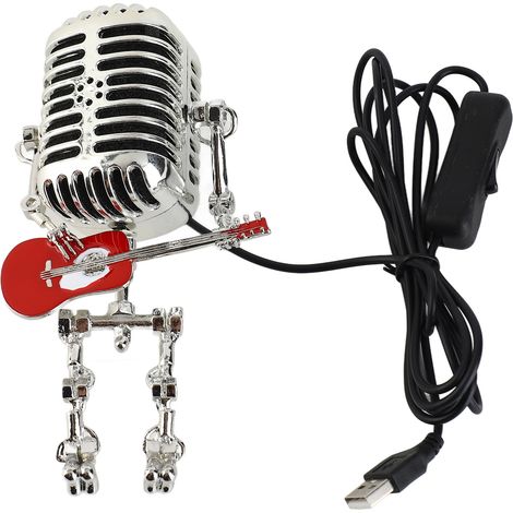 Lampe de table robot guitare-microphone vintage USB en aluminium et métal, veilleuse rétro pour chambre, bureau et décoration intérieure rouge (1/5)