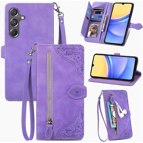 Etui pour Samsung Galaxy A15 4G/5G 6.5\", Coque PU Cuir à Rabat Flip, Magnétique, Housse de Protection,Vigne à fleurs violettes SZY6 (1/5)