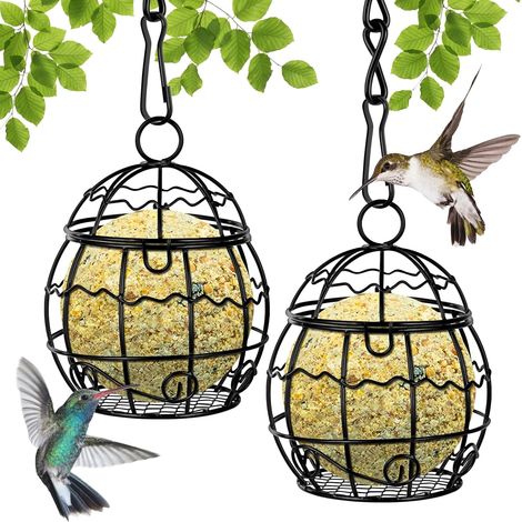 Mangeoires Oiseaux, 2pcs Métal Mangeoire Oiseaux Exterieur avec 2pcs Crochets en Forme de S, Suspendue Boule de Graisse Bird Feeder pour la Cour de la Maison Le Jardin la Faune (Noir) (1/4)
