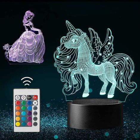 VURAHOME - 2 Packs licorne & princesse 3D veilleuses, lampe illusion 3D 16 couleurs changeantes lampe de bureau de table tactile pour chambre d'enfants avec cadeaux d'anniversaire à distance thsinde (1/5)