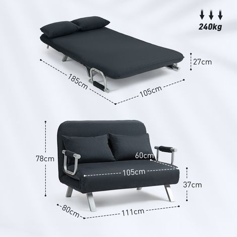 Canapé convertible 2 places avec dossier réglable, coussin jeté inclus, revêtement velours effet, accoudoirs, canapé-lit pour salon et chambre, noir (1/5)