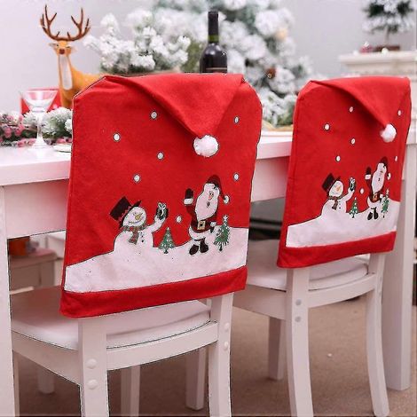 Décoration de dossier de chaise rouge pour Noël, 2 housses de chaise avec bonnets de Père Noël et bonhomme de neige, décoration de table pour restaurant, cuisine ou fête de Noël (1/5)