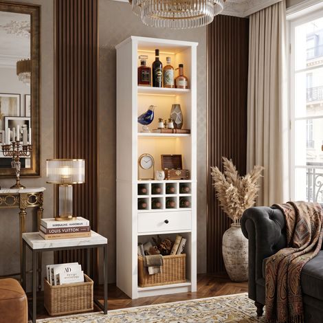 Creahappy Meuble Bar Bibliothèque 55x40x200 cm - Colonne Rangement Gain de Place LED RGB - 1 Tiroir Casier à Vin - Blanc (1/5)