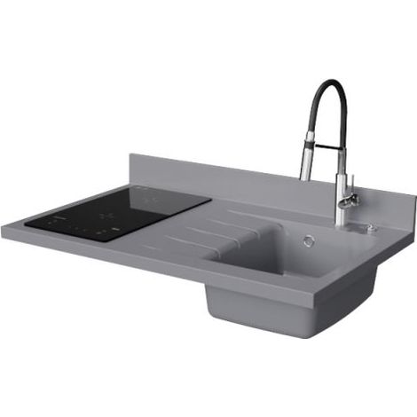 Plan de travail monobloc PlaniQuartz avec évier - 100 cm - Cromo - évier à droite - Plaque de cuisson Induction (1/5)