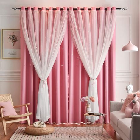 2-teiliger Doppelvorhang mit Sternenmuster, blickdicht, 100 x 250 cm, rosa, für Wohn- und Schlafzimmer (1/5)