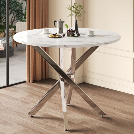 Table ronde salle à manger 80x80x75 cm, plateau marbre blanc effet pierre, piètement acier argenté, design scandinave, table d'appoint basse moderne, style épuré, blanc et argent (1/5)