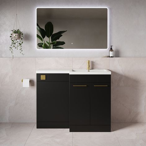Napoli 390 Matt Black 1100mm 2 Door Vanity Unit Toilet Suite with Square Right Hand Lucia Basin - 1100mm - Brushed Brass 160mm HandleWithout Kingston Toilet Pan